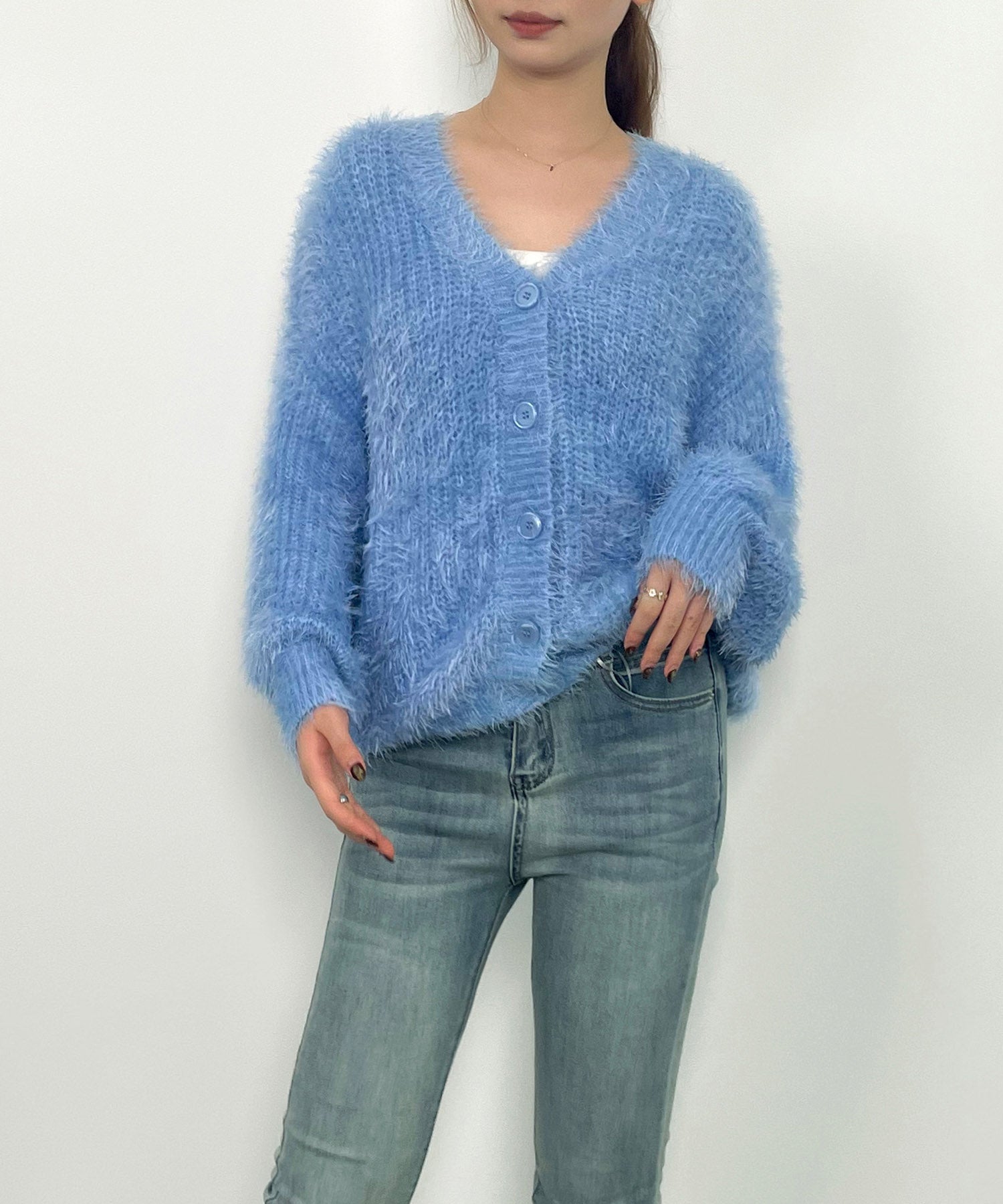 光沢フェザーVネックミドル丈カーディガンsdprb1053 ライトブルー
