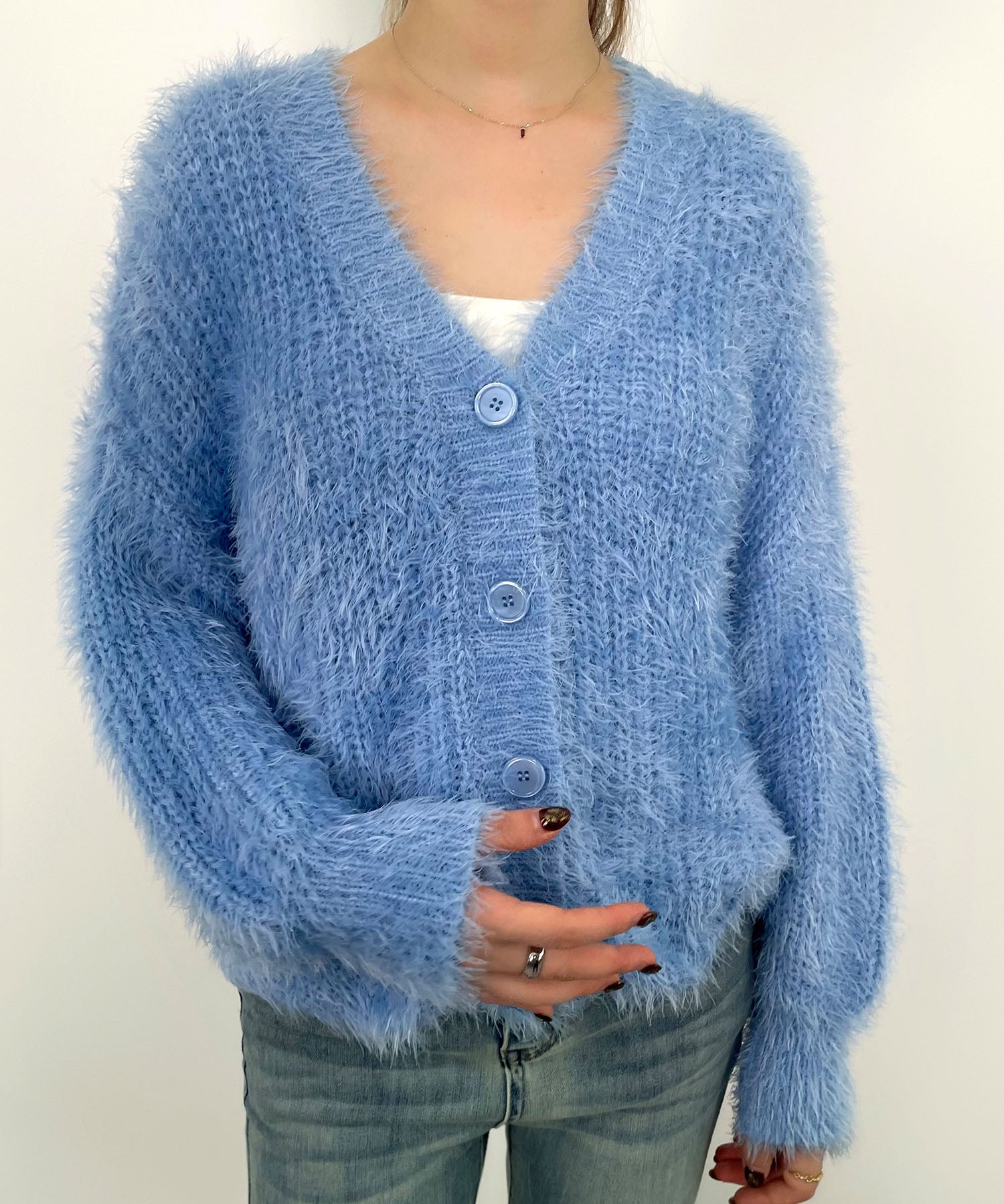 光沢フェザーVネックミドル丈カーディガンsdprb1053 ライトブルー