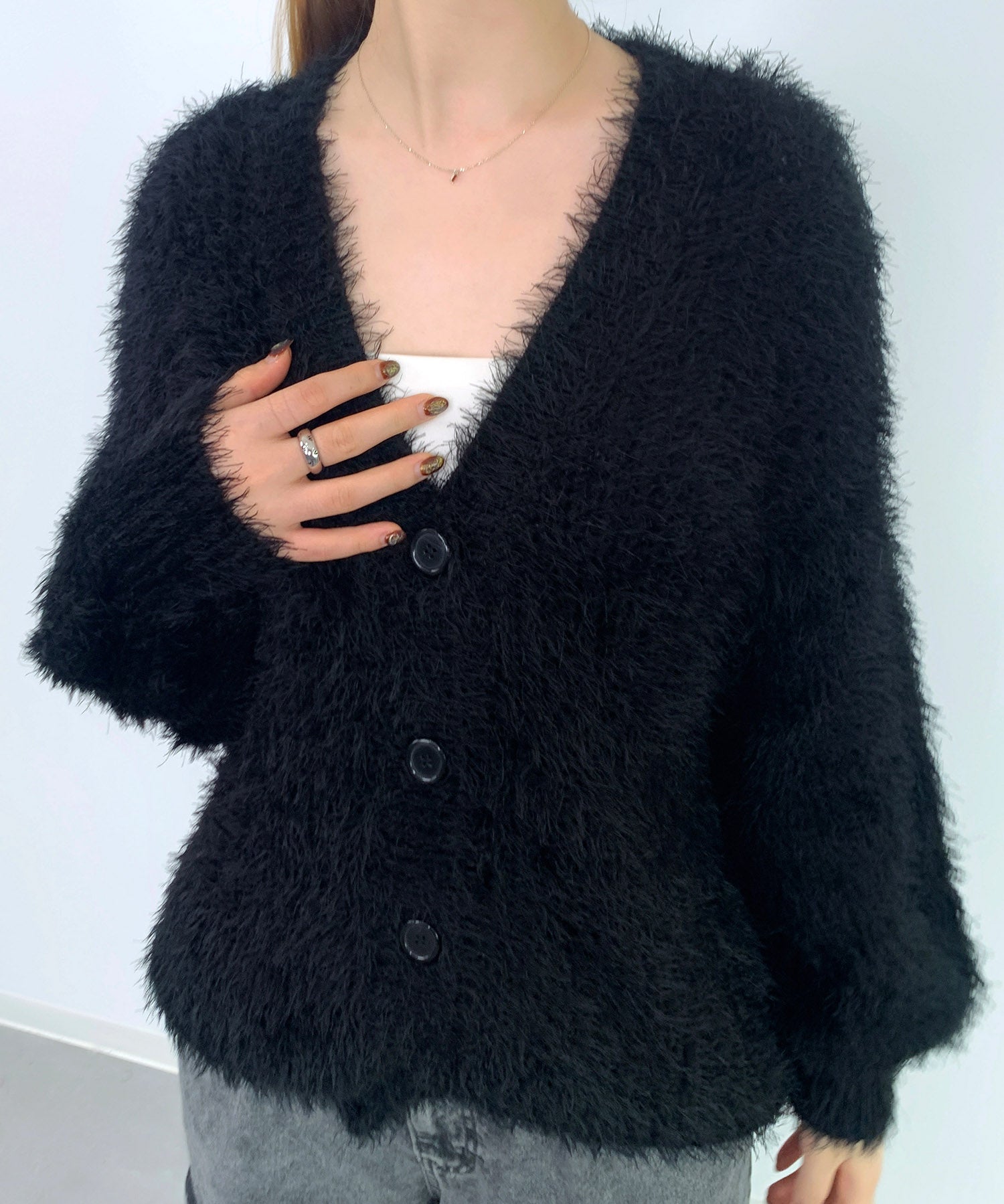 光沢フェザーVネックミドル丈カーディガンsdprb1053 ブラック