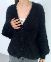 光沢フェザーVネックミドル丈カーディガンsdprb1053 ブラック