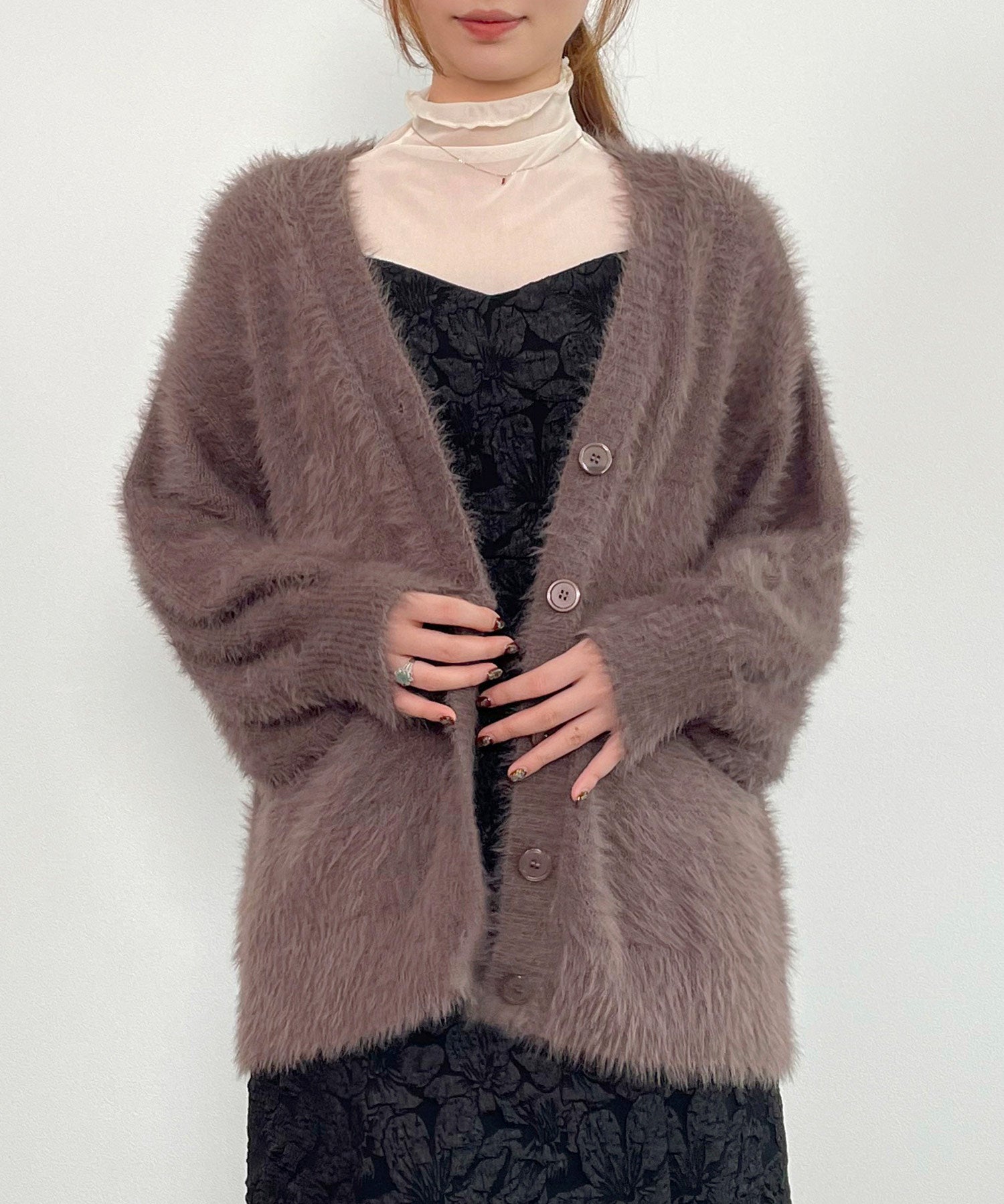 フワフワシャギーVネックニットカーディガン(4色展開)sdprb1056 ブラウン