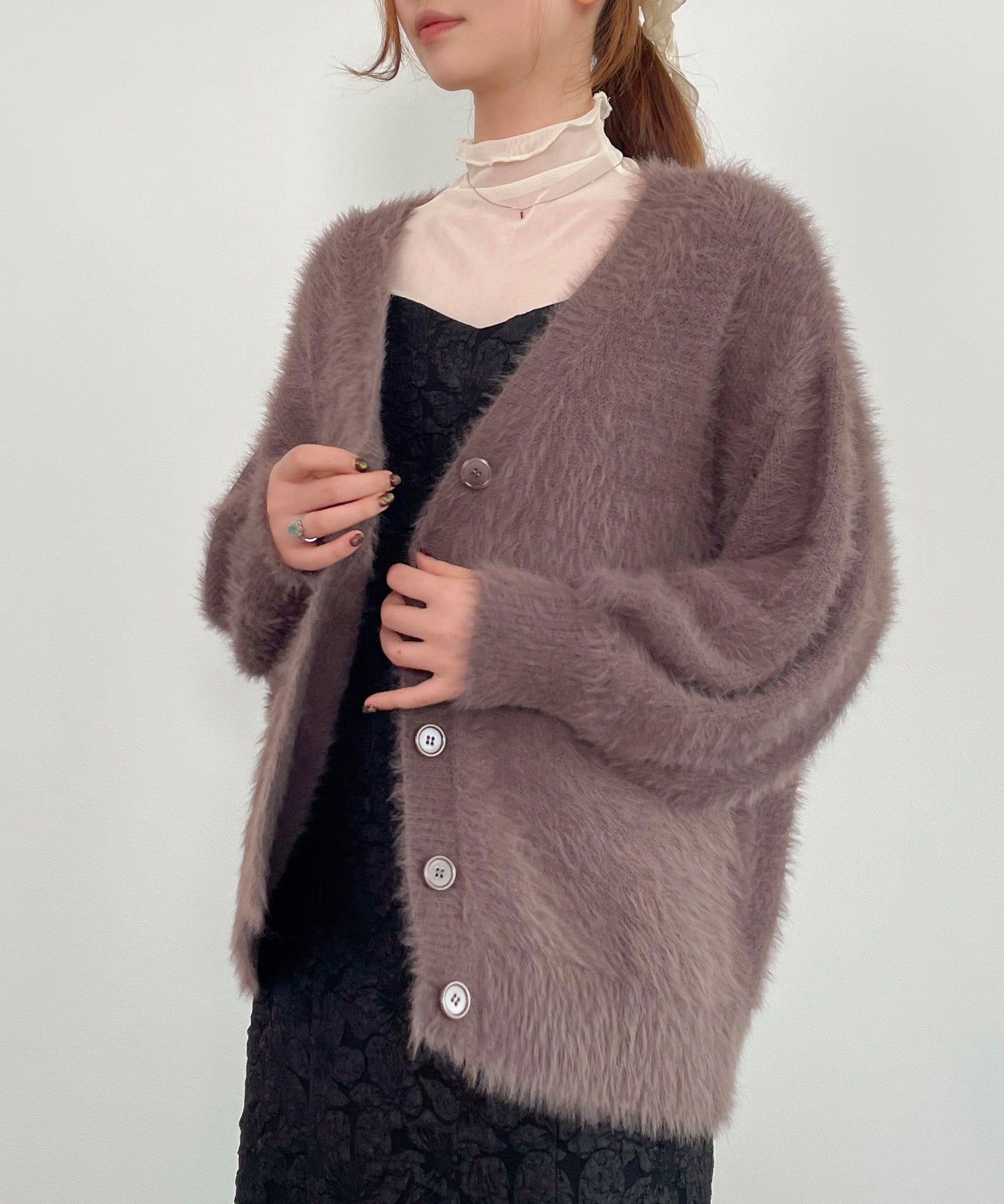 フワフワシャギーVネックニットカーディガン(4色展開)sdprb1056 ブラウン