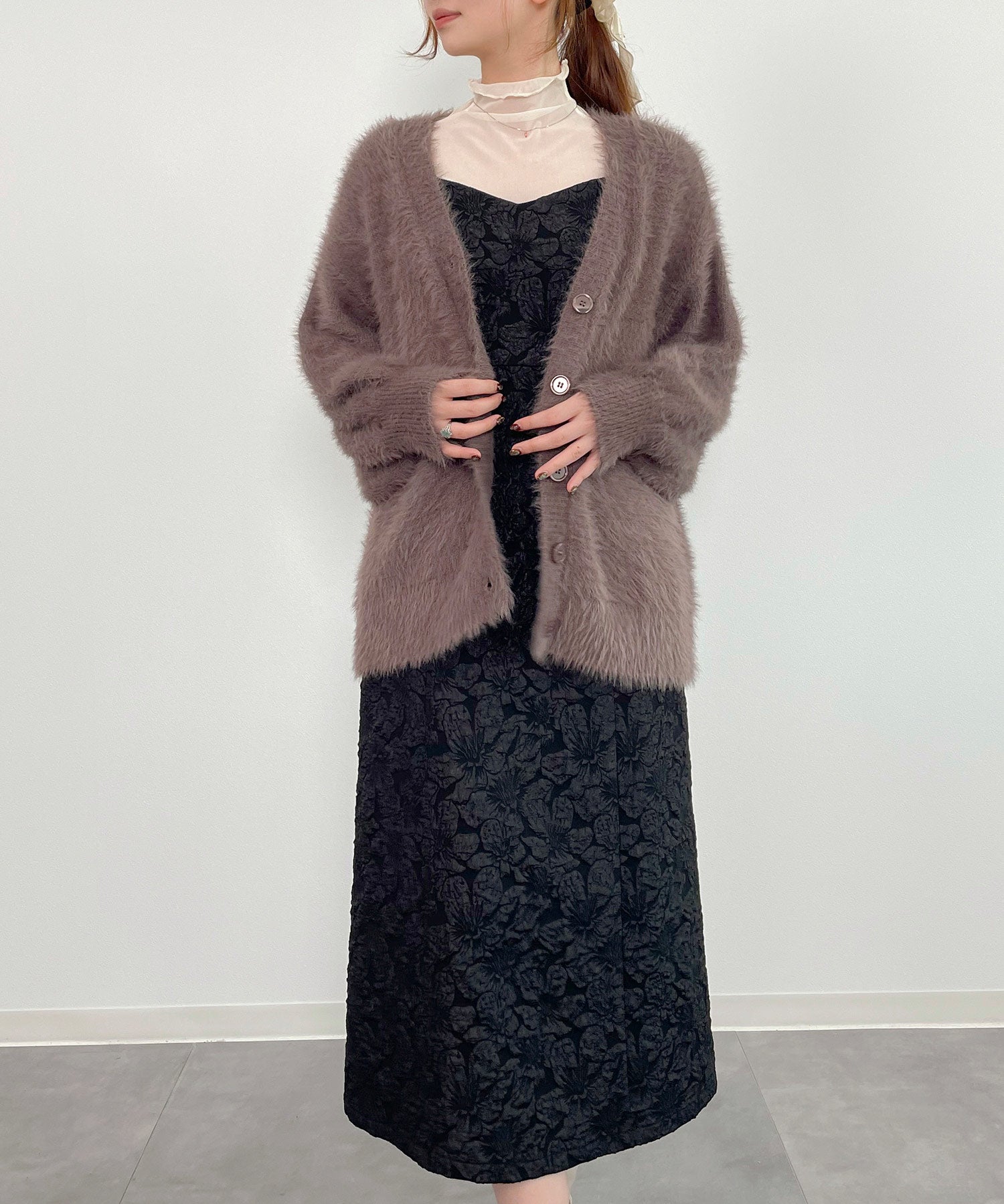 フワフワシャギーVネックニットカーディガン(4色展開)sdprb1056 ブラウン