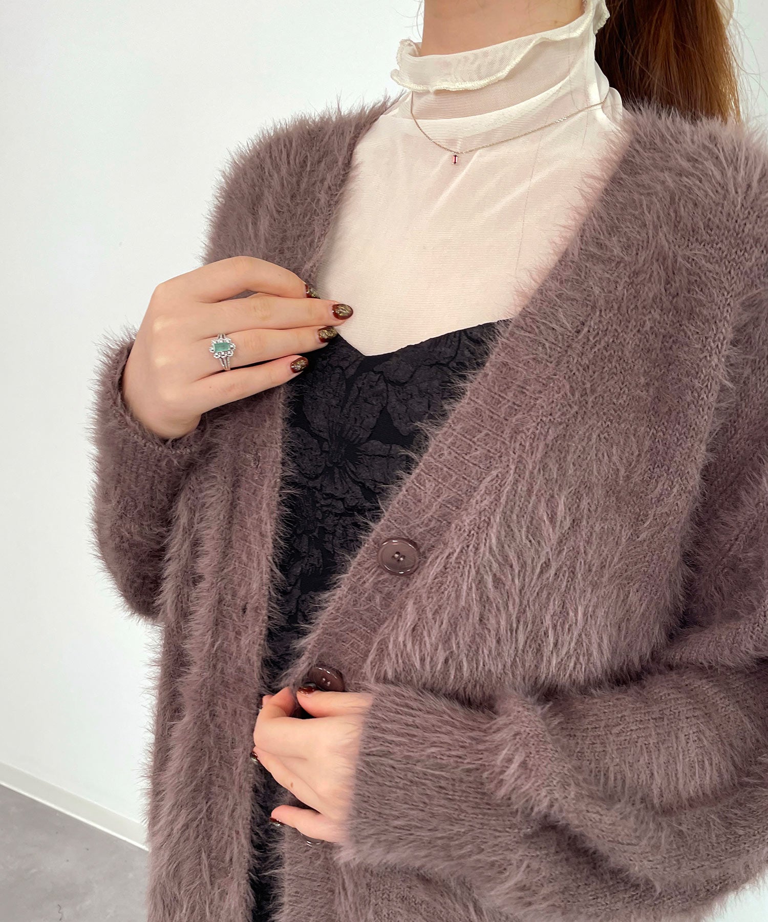 フワフワシャギーVネックニットカーディガン(4色展開)sdprb1056 ブラウン