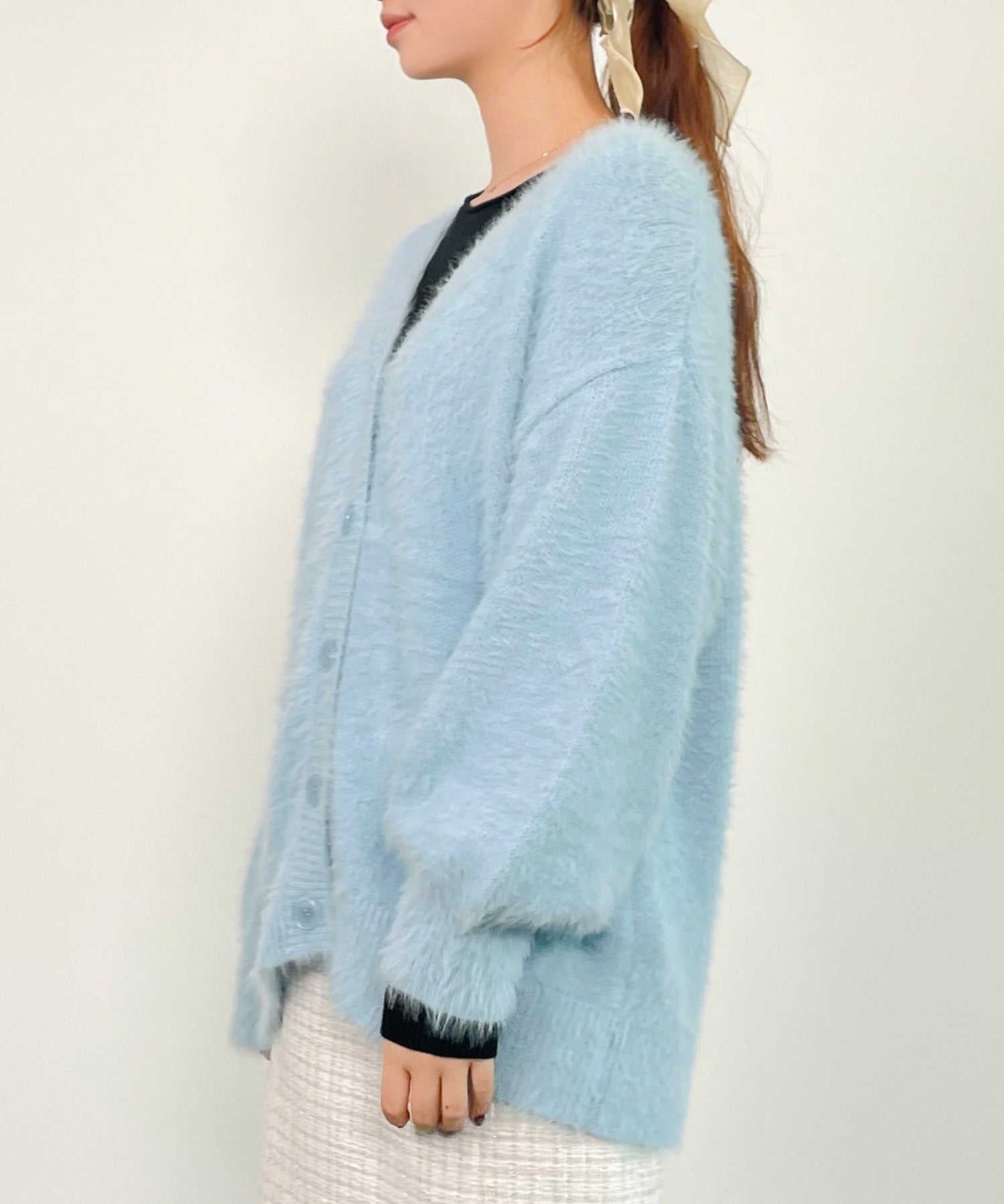 フワフワシャギーVネックニットカーディガン(4色展開)sdprb1056 ライトブルー