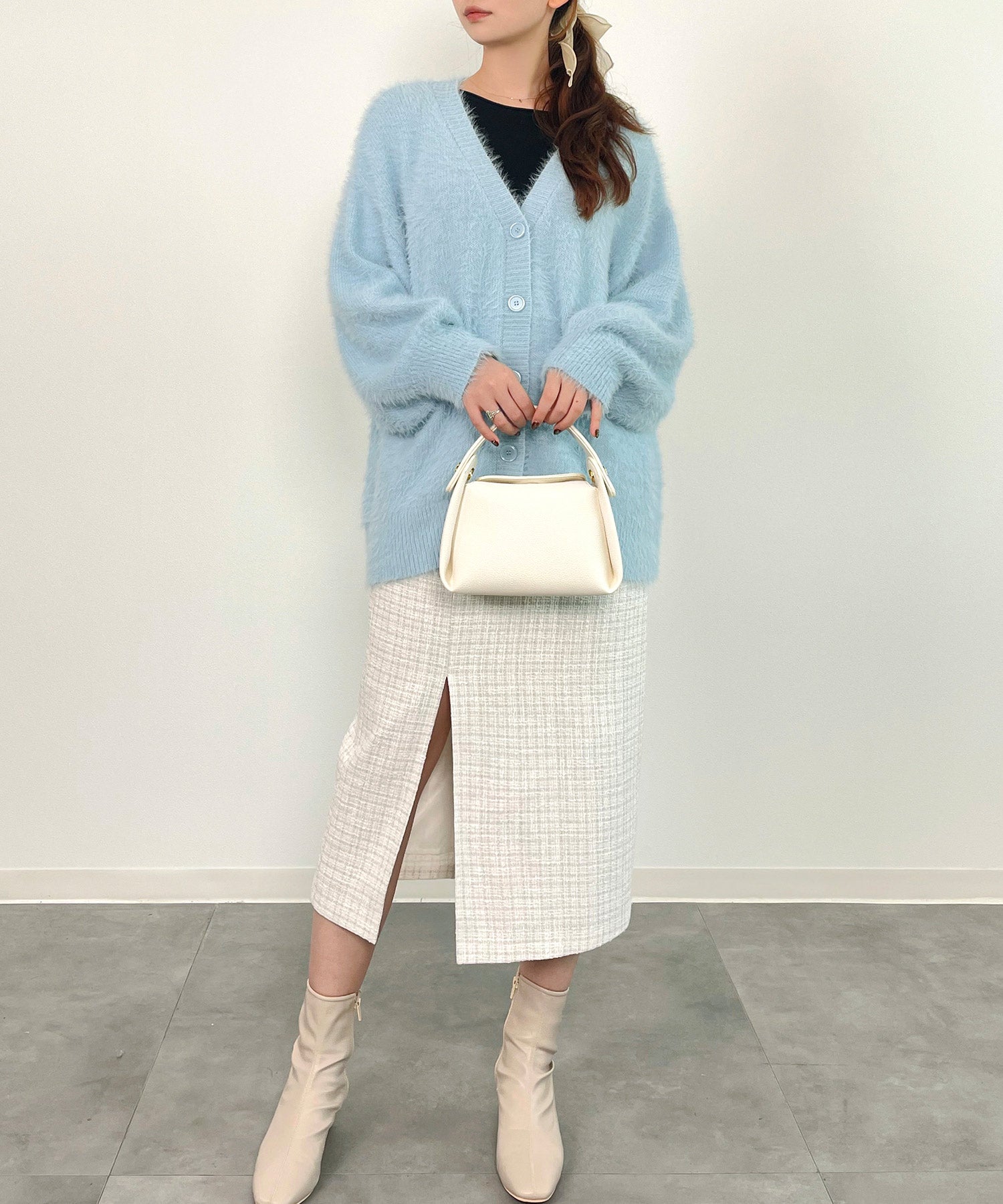フワフワシャギーVネックニットカーディガン(4色展開)sdprb1056 ライトブルー