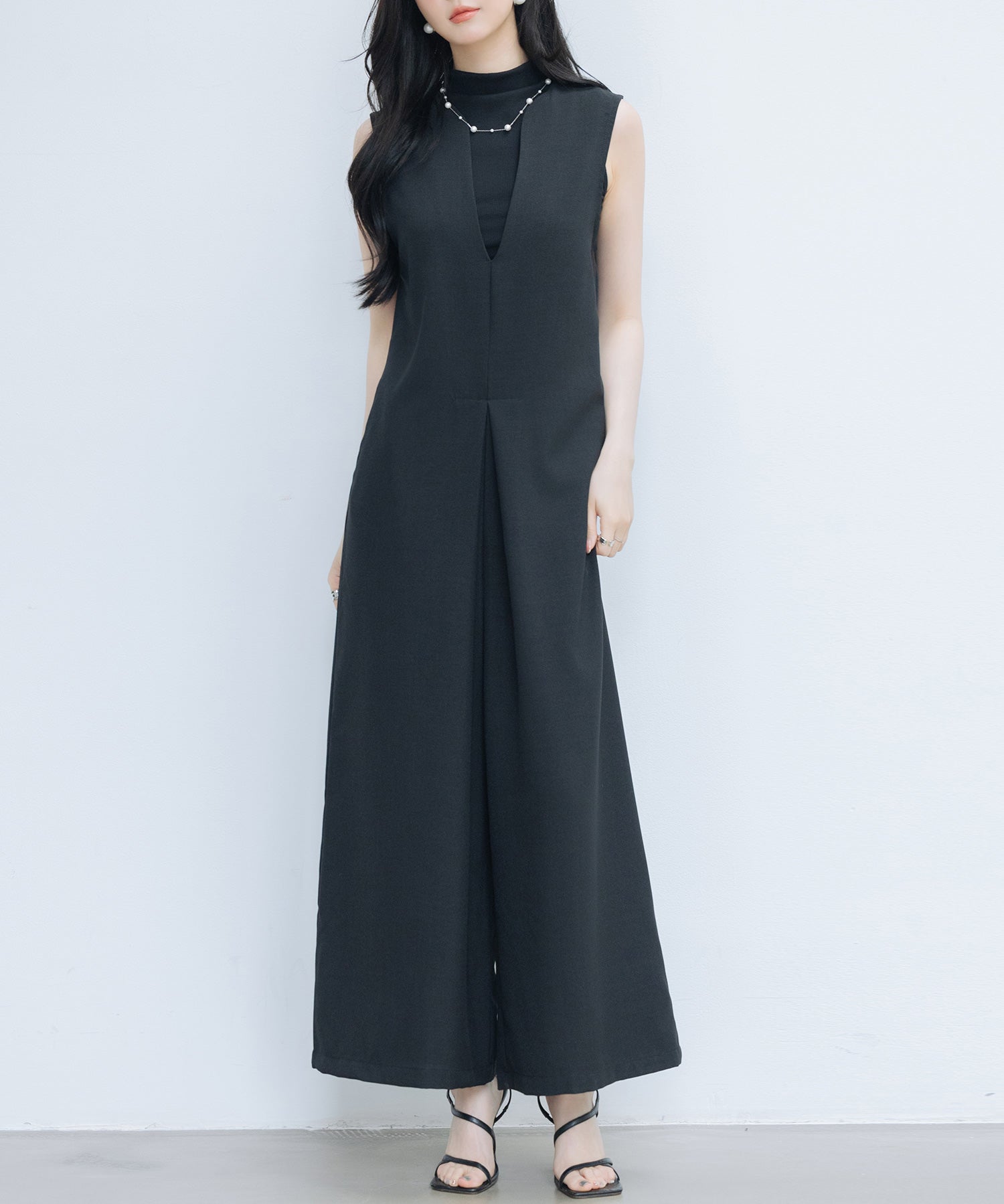 IラインシルエットVネックサロペットsdprb2720 ブラック