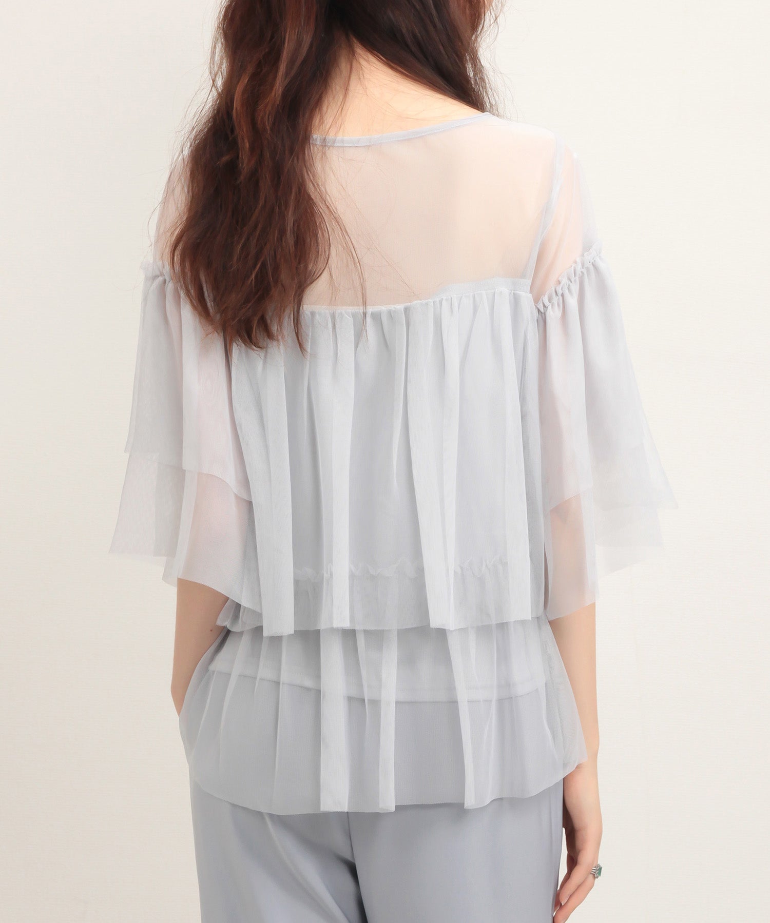 7分袖丈ティアードチュールブラウスsdprb4365 グレー