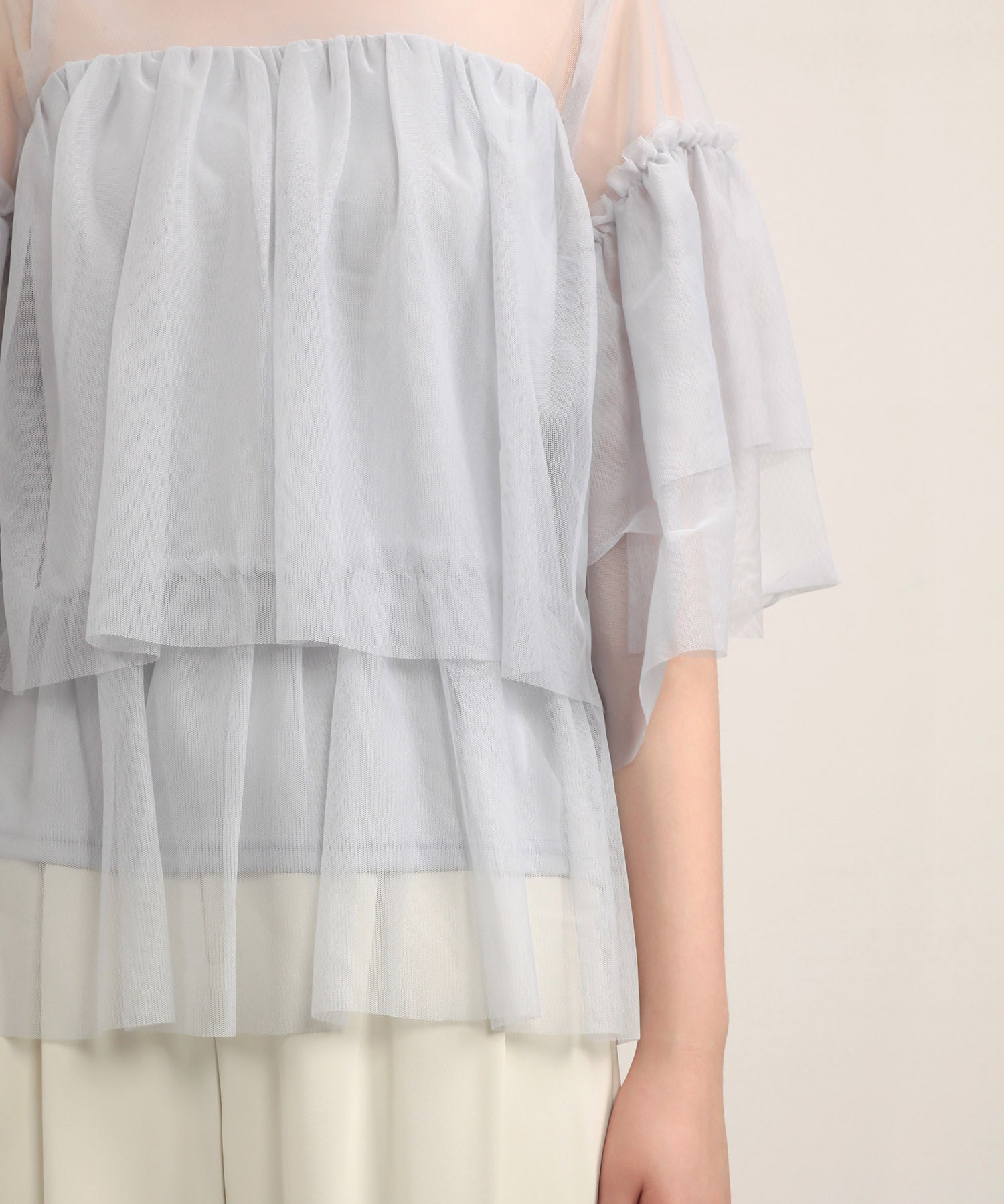 7分袖丈ティアードチュールブラウスsdprb4365 グレー