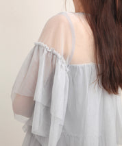 7分袖丈ティアードチュールブラウスsdprb4365 グレー