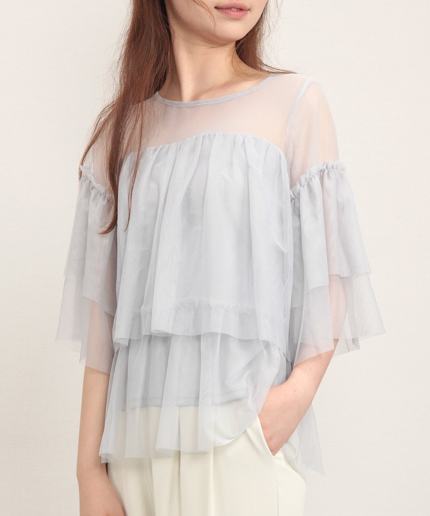 7分袖丈ティアードチュールブラウスsdprb4365 グレー