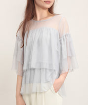 7分袖丈ティアードチュールブラウスsdprb4365 グレー