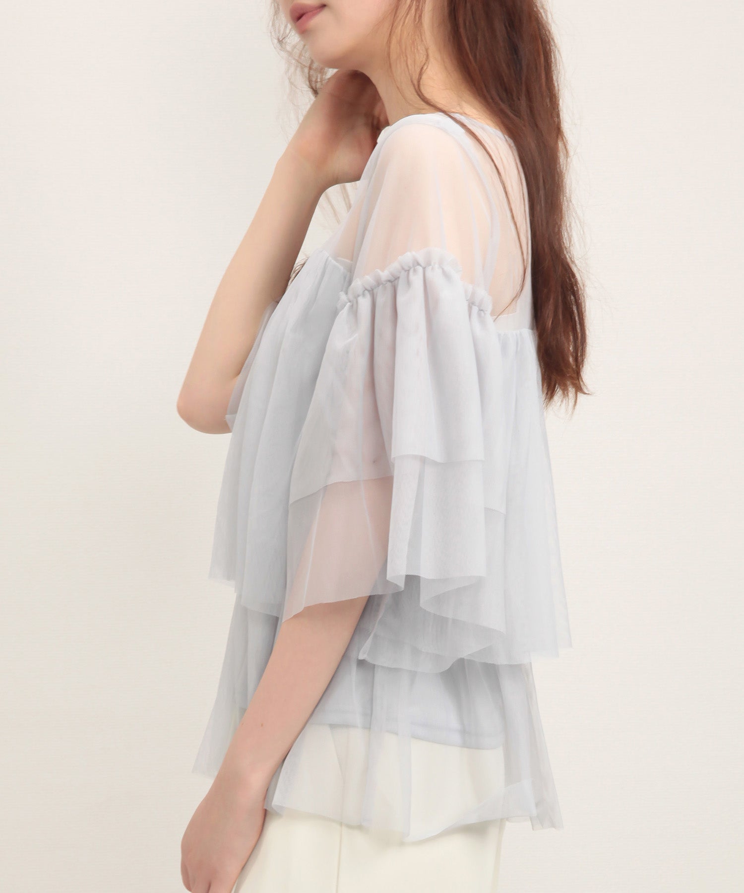 7分袖丈ティアードチュールブラウスsdprb4365 グレー