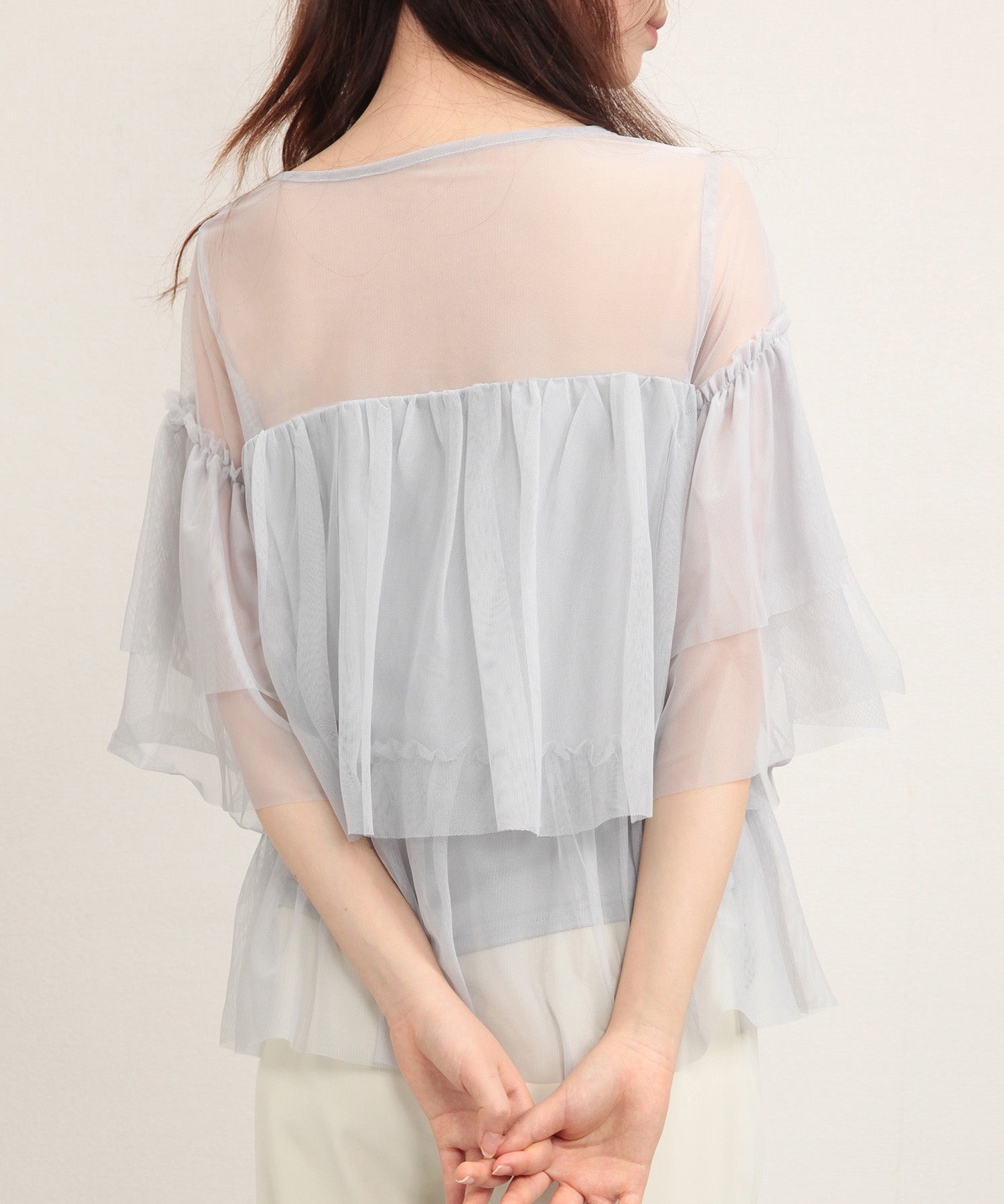 7分袖丈ティアードチュールブラウスsdprb4365 グレー