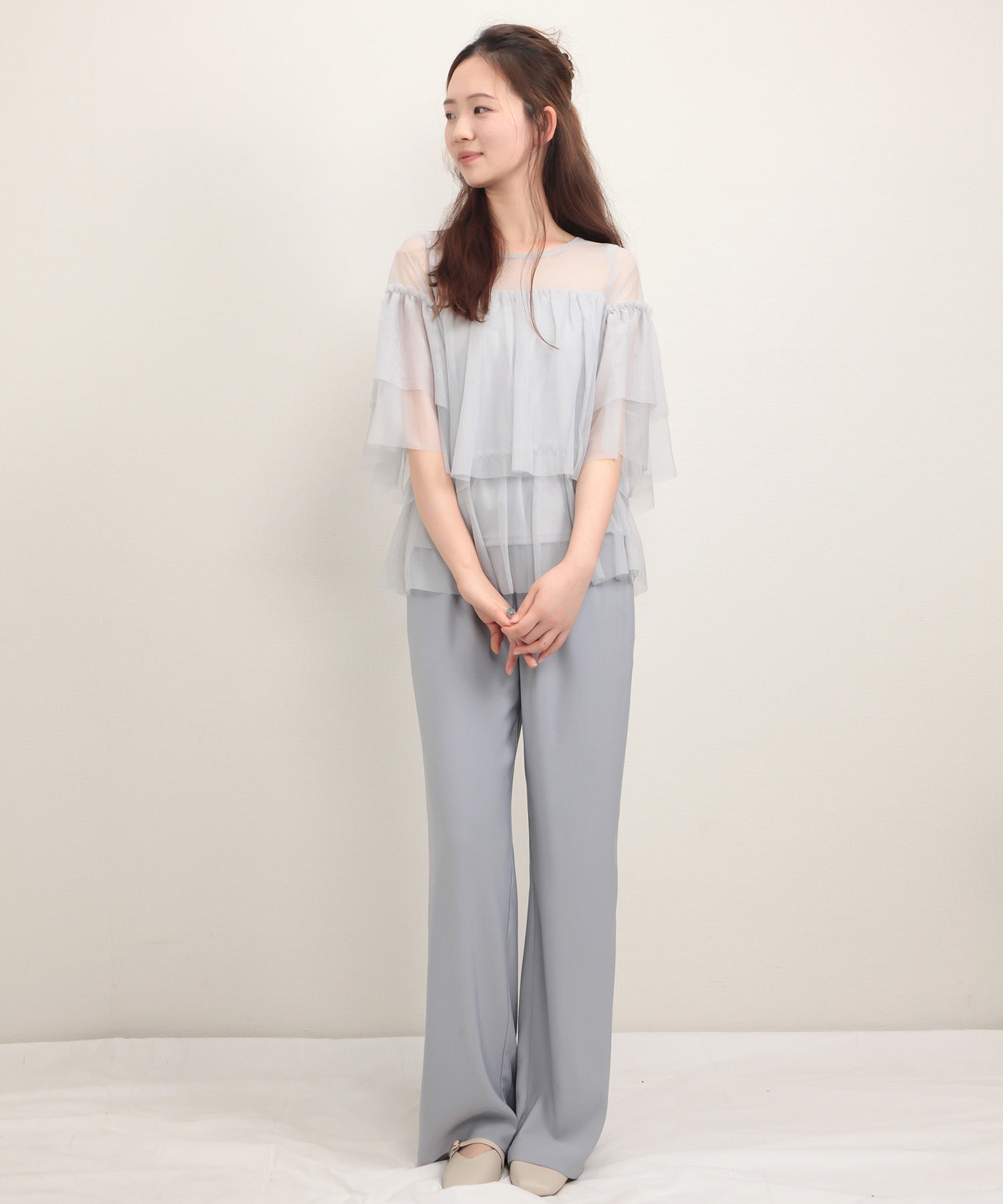 7分袖丈ティアードチュールブラウスsdprb4365 グレー