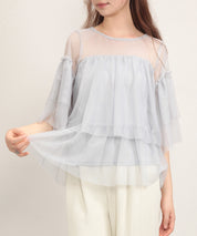 7分袖丈ティアードチュールブラウスsdprb4365 グレー