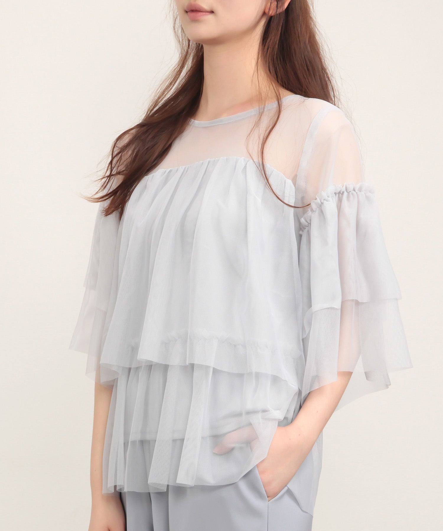 7分袖丈ティアードチュールブラウスsdprb4365 グレー