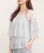 7分袖丈ティアードチュールブラウスsdprb4365 グレー