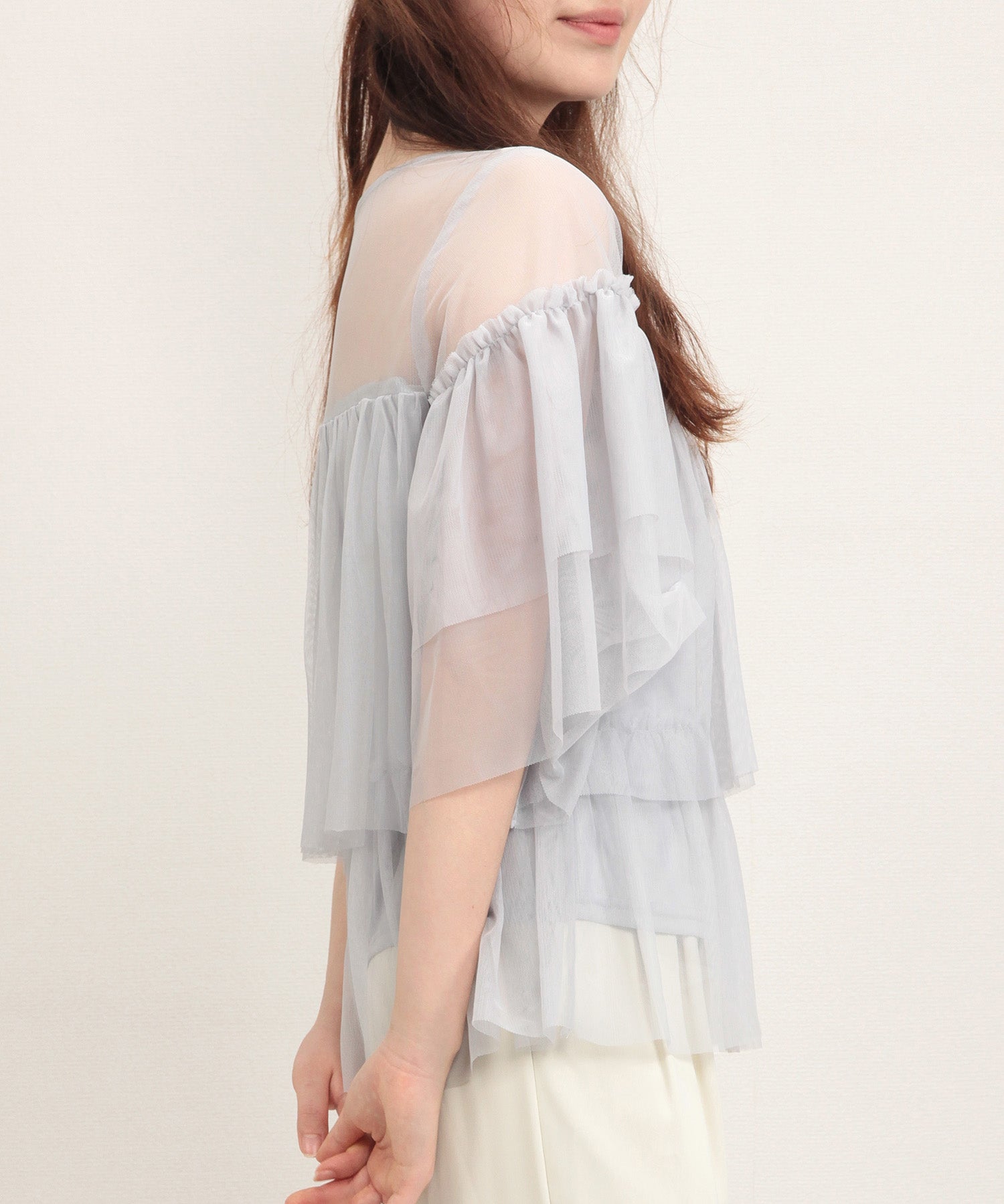 7分袖丈ティアードチュールブラウスsdprb4365 グレー