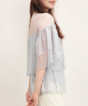 7分袖丈ティアードチュールブラウスsdprb4365 グレー