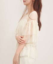 7分袖丈ティアードチュールブラウスsdprb4365 アイボリー