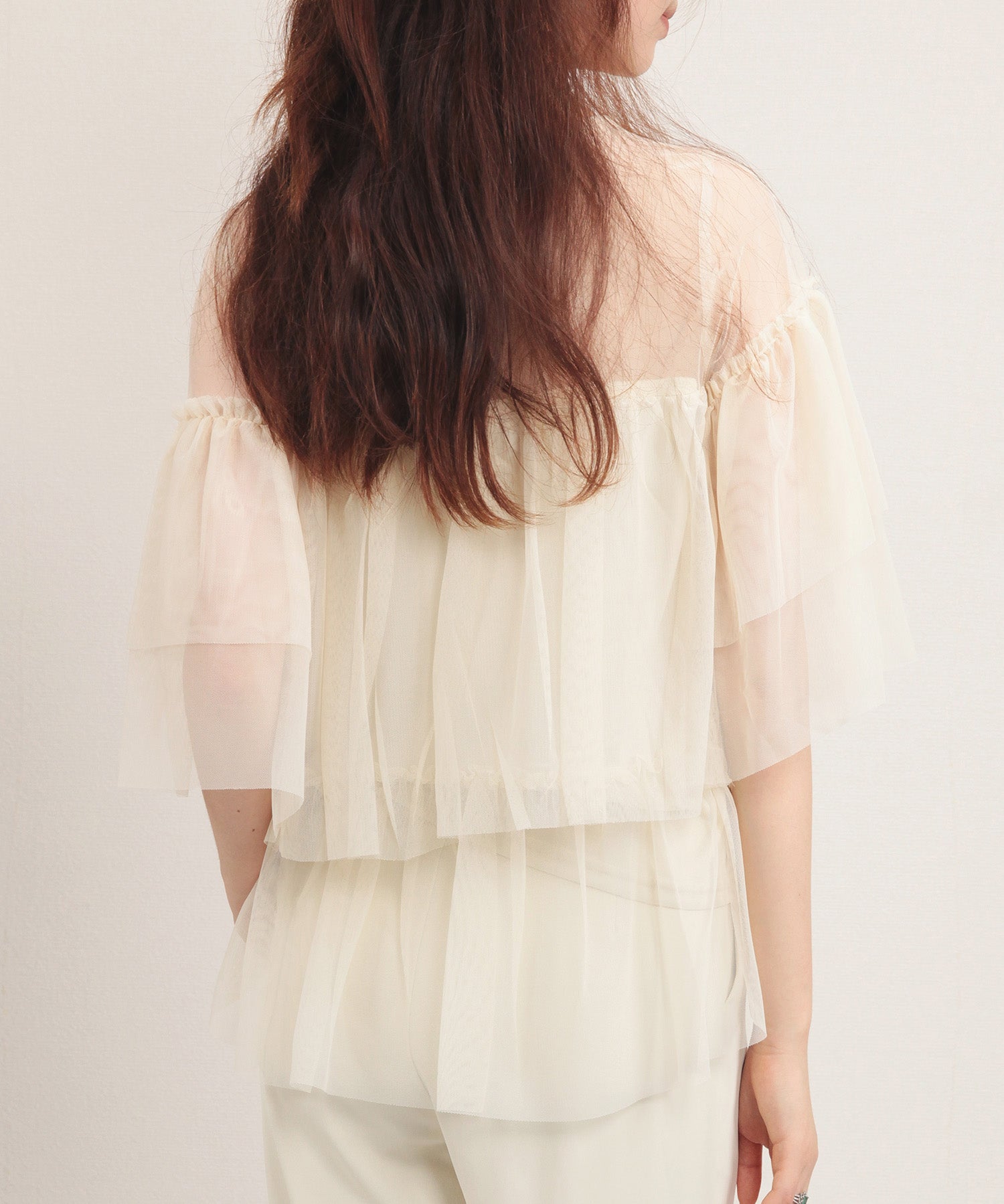 7分袖丈ティアードチュールブラウスsdprb4365 アイボリー