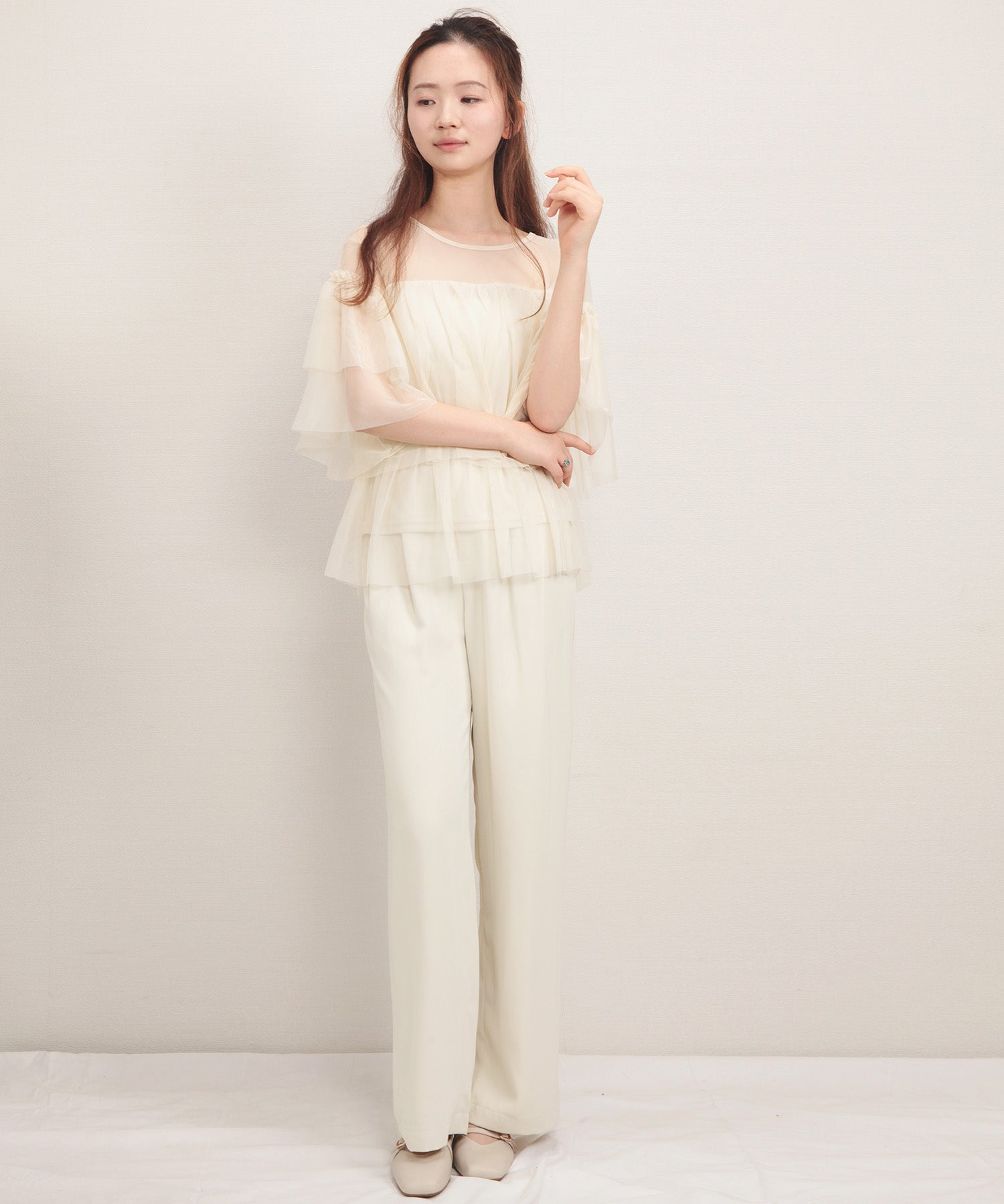 7分袖丈ティアードチュールブラウスsdprb4365 アイボリー