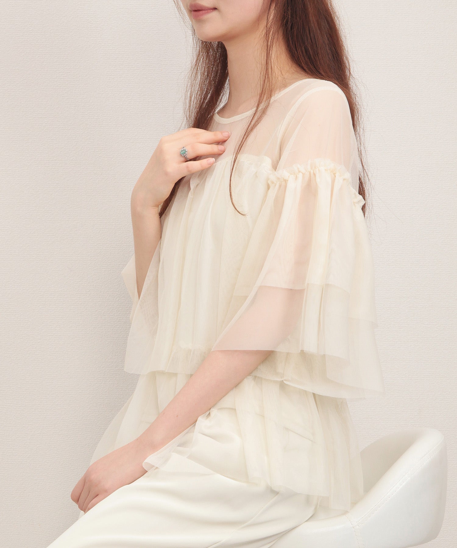 7分袖丈ティアードチュールブラウスsdprb4365 アイボリー