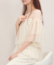 7分袖丈ティアードチュールブラウスsdprb4365 アイボリー