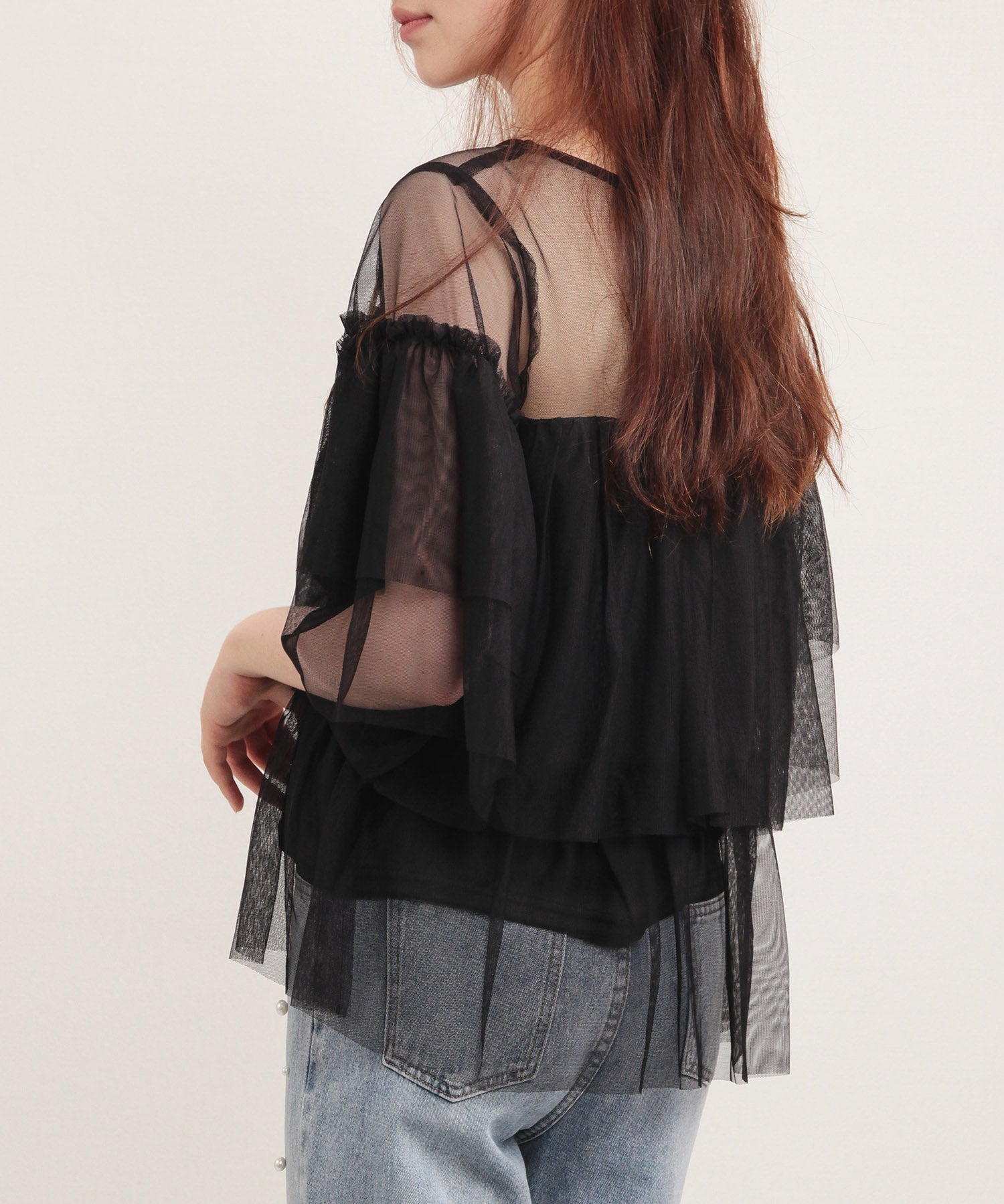 7分袖丈ティアードチュールブラウスsdprb4365 ブラック