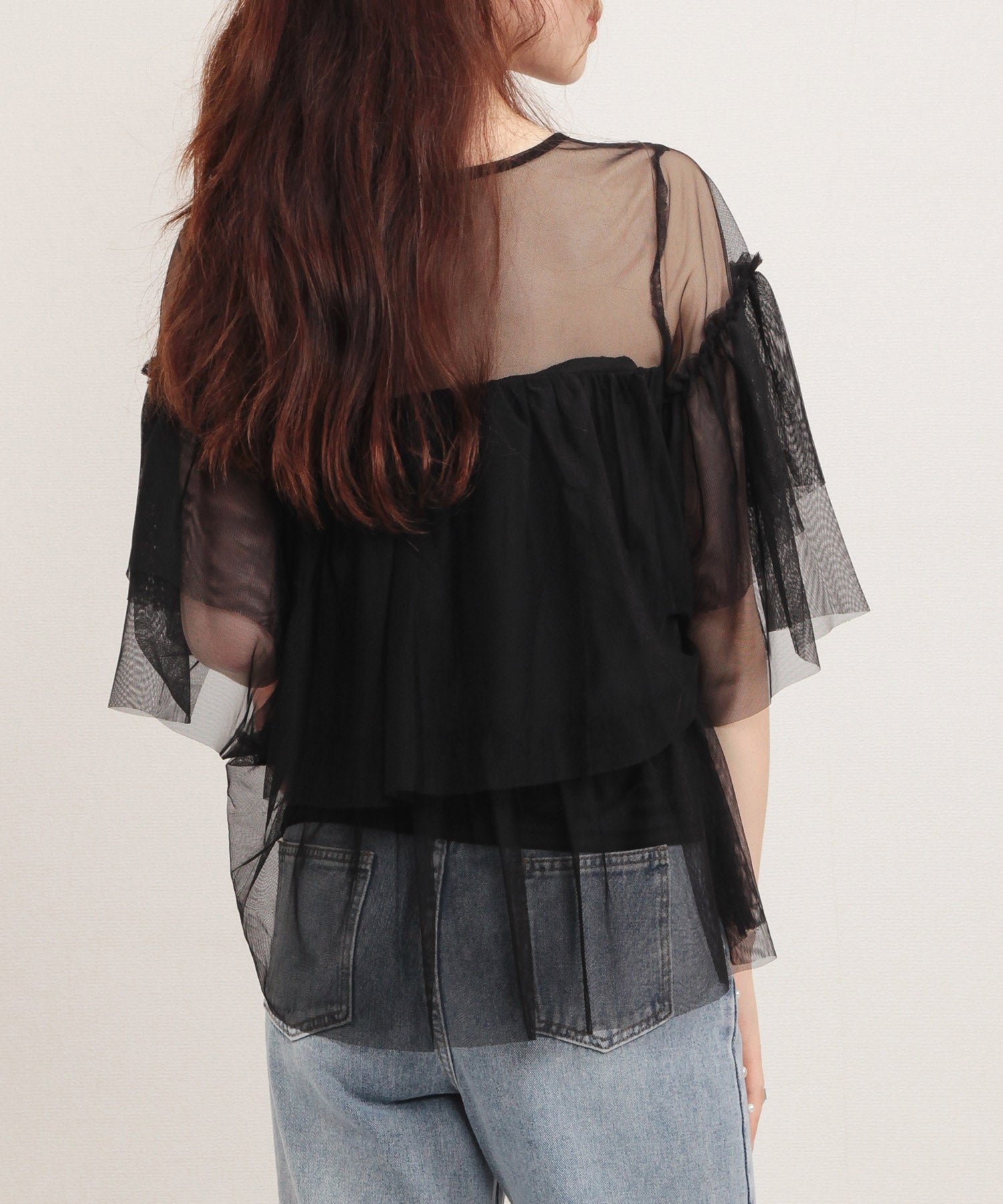 7分袖丈ティアードチュールブラウスsdprb4365 ブラック