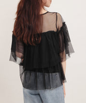 7分袖丈ティアードチュールブラウスsdprb4365 ブラック