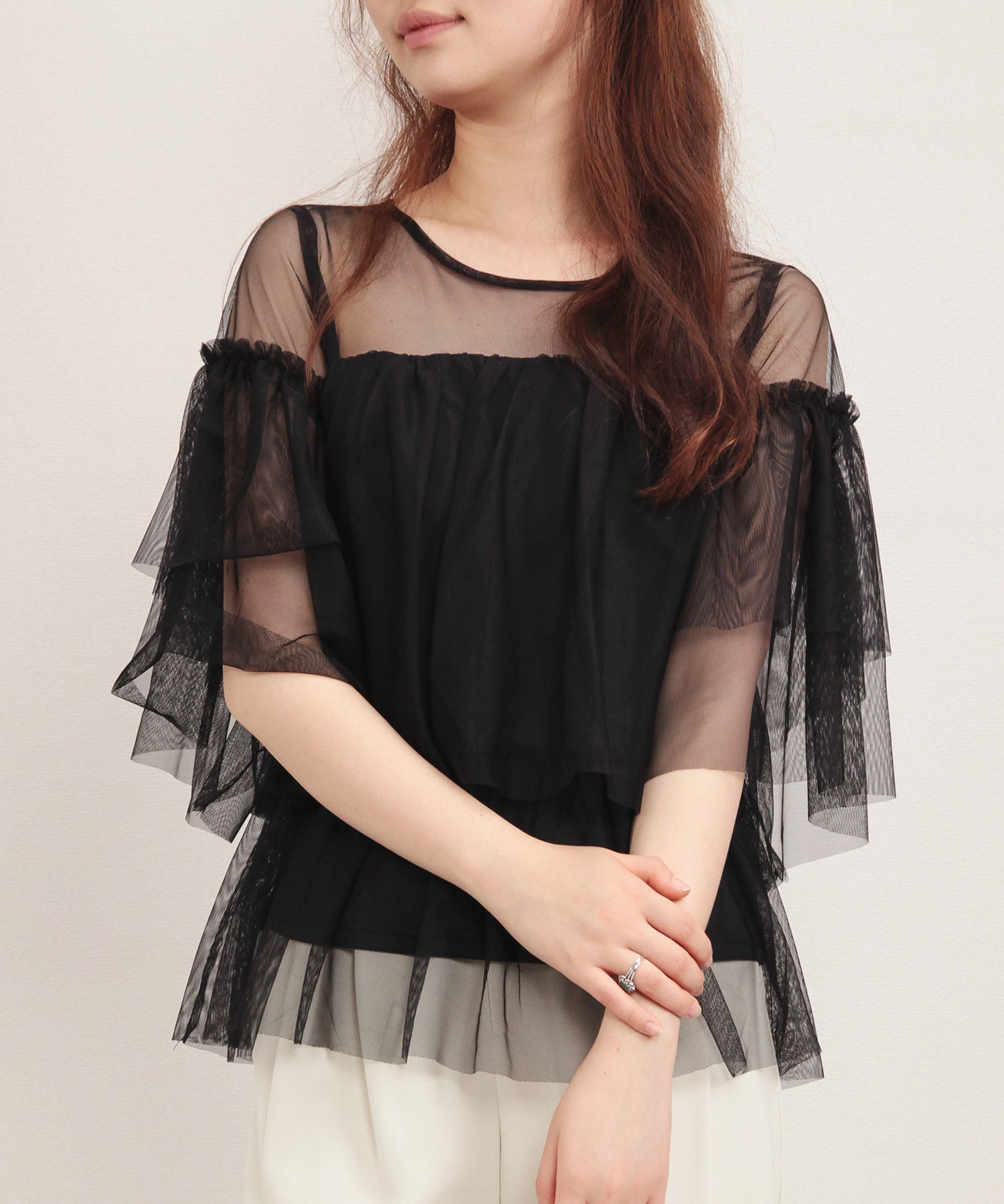 7分袖丈ティアードチュールブラウスsdprb4365 ブラック