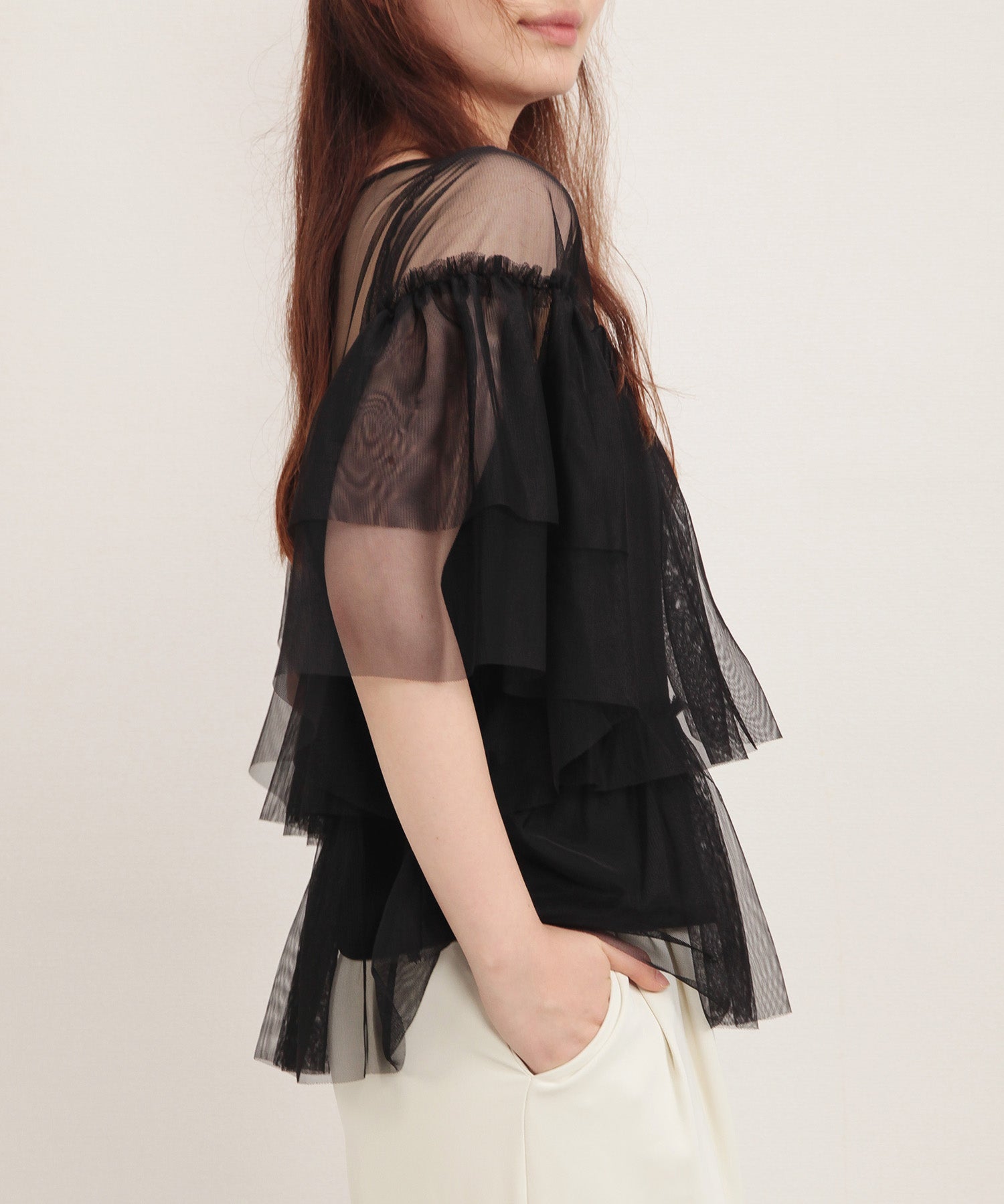 7分袖丈ティアードチュールブラウスsdprb4365 ブラック