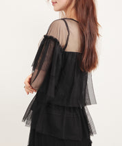 7分袖丈ティアードチュールブラウスsdprb4365 ブラック