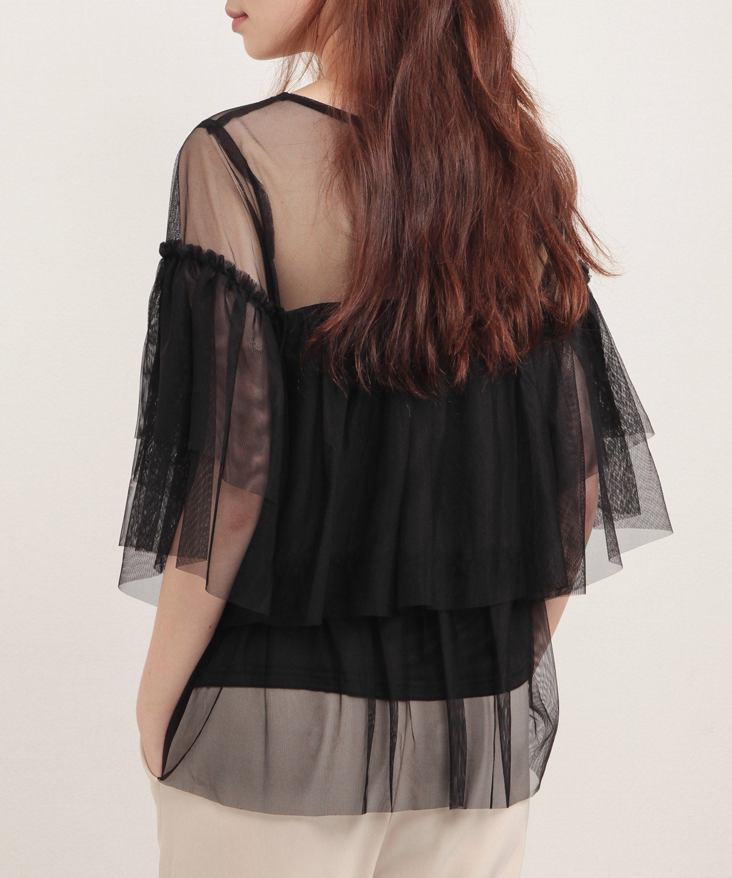 7分袖丈ティアードチュールブラウスsdprb4365 ブラック