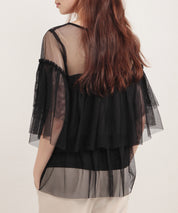 7分袖丈ティアードチュールブラウスsdprb4365 ブラック