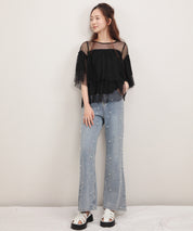 7分袖丈ティアードチュールブラウスsdprb4365 ブラック