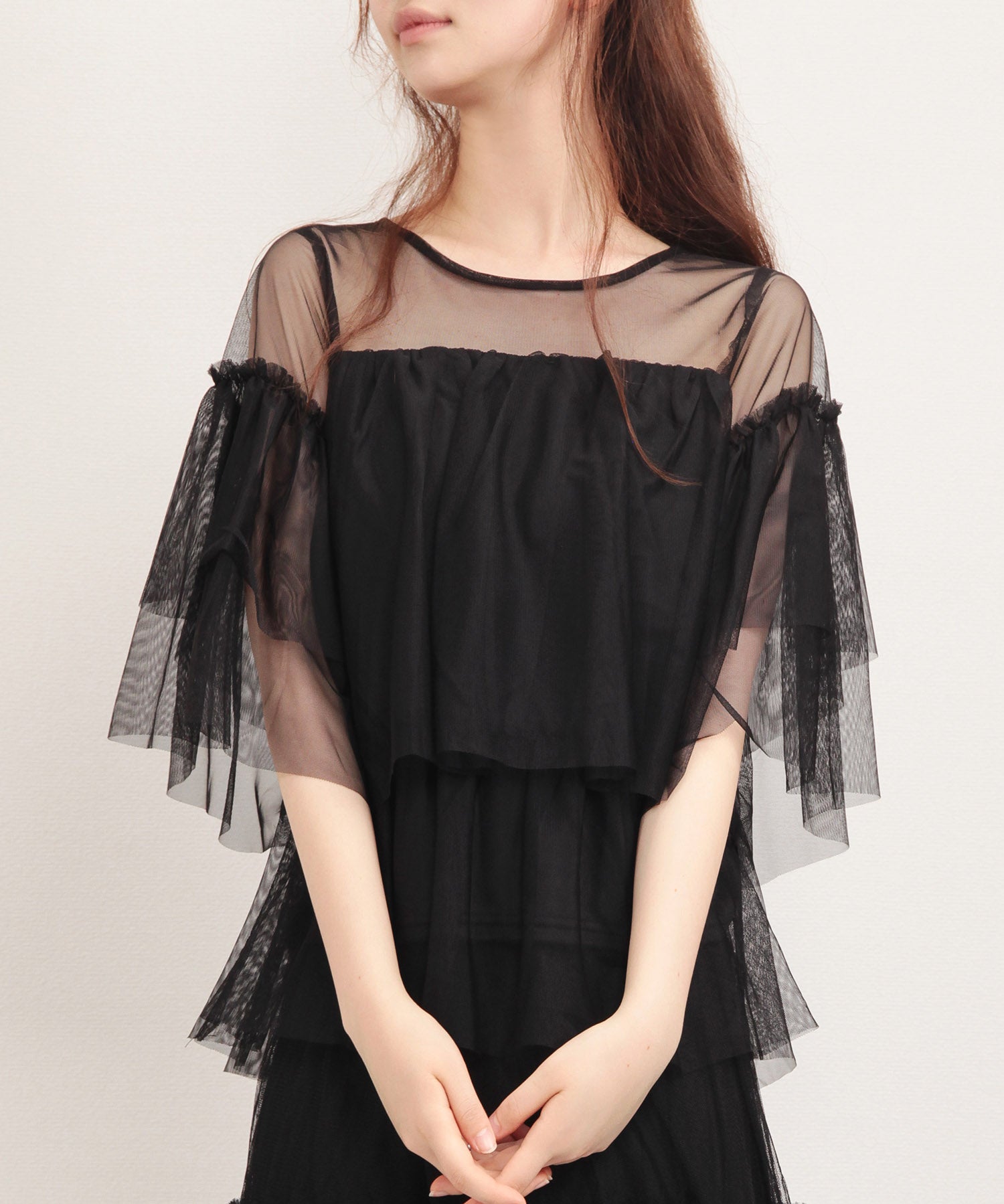 7分袖丈ティアードチュールブラウスsdprb4365 ブラック