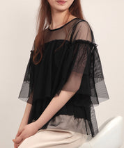 7分袖丈ティアードチュールブラウスsdprb4365 ブラック