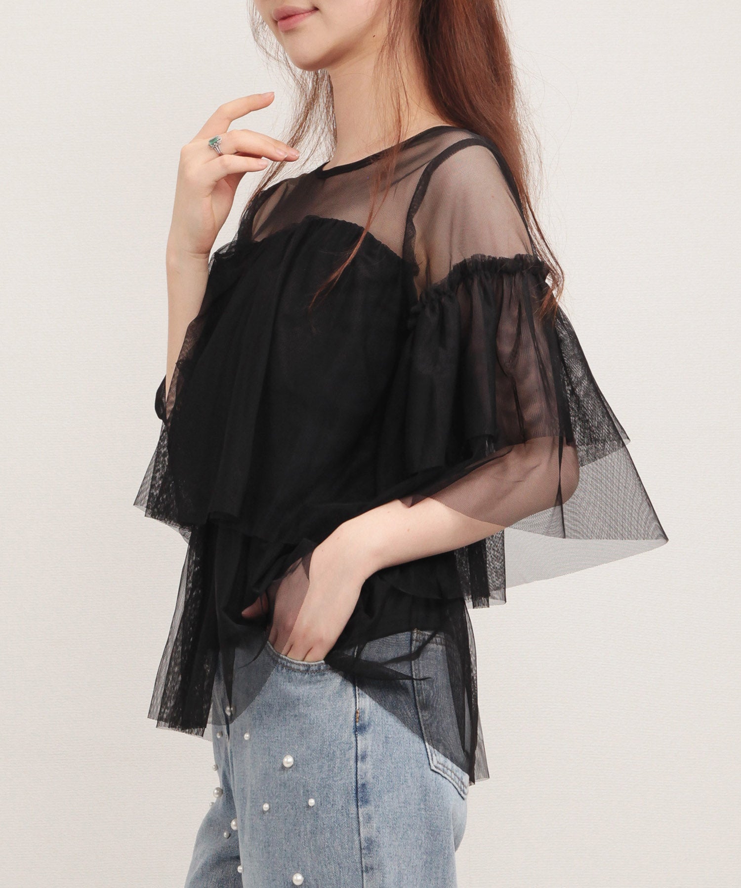 7分袖丈ティアードチュールブラウスsdprb4365 ブラック