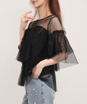 7分袖丈ティアードチュールブラウスsdprb4365 ブラック