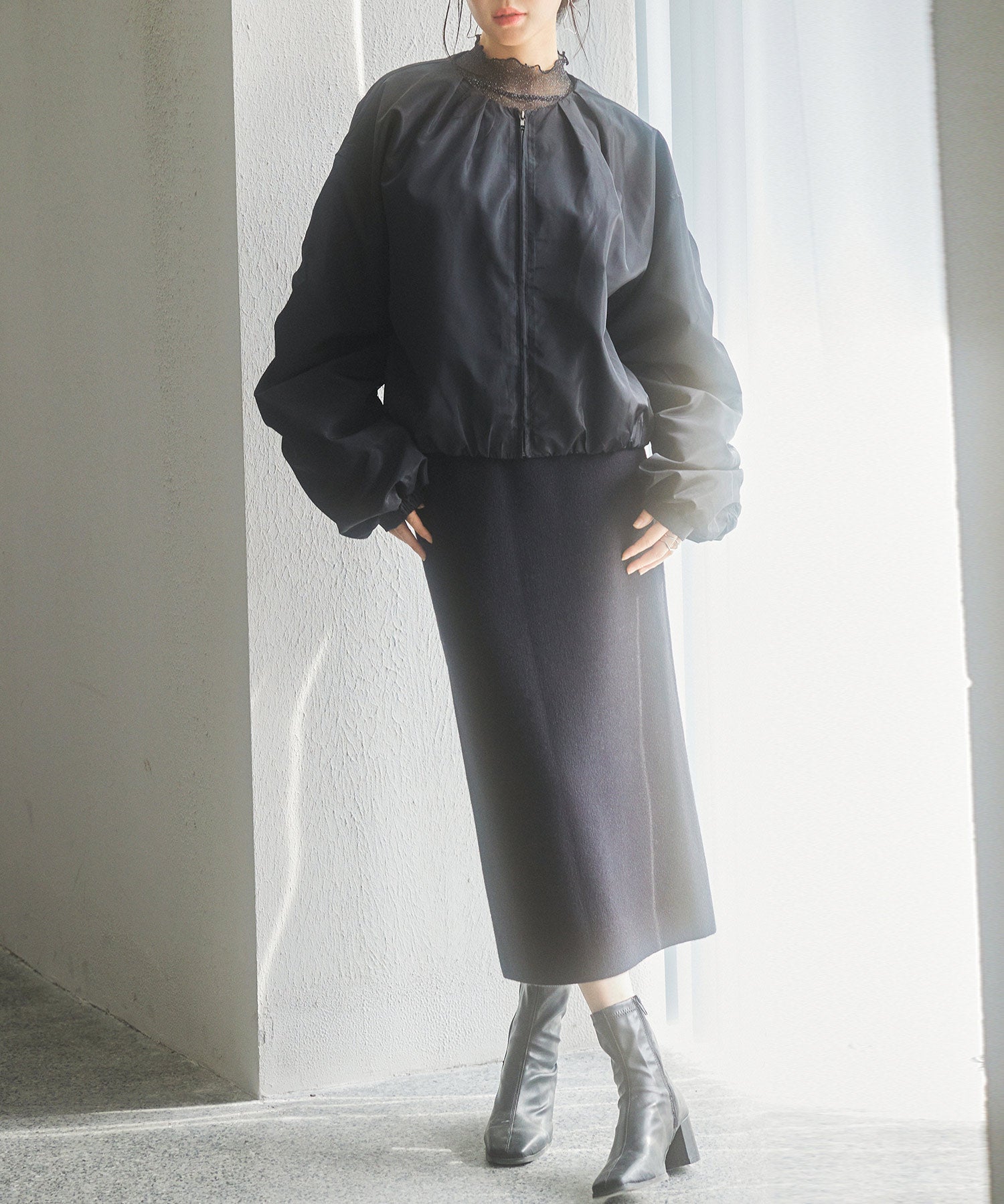 ノーカラー袖ギャザーブルゾンsdprb7010 ブラック