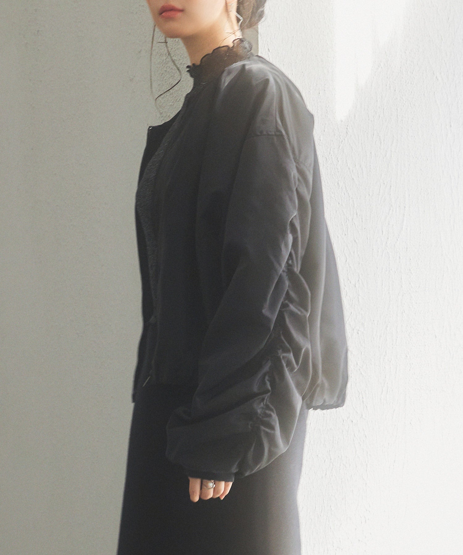 ノーカラー袖ギャザーブルゾンsdprb7010 ブラック