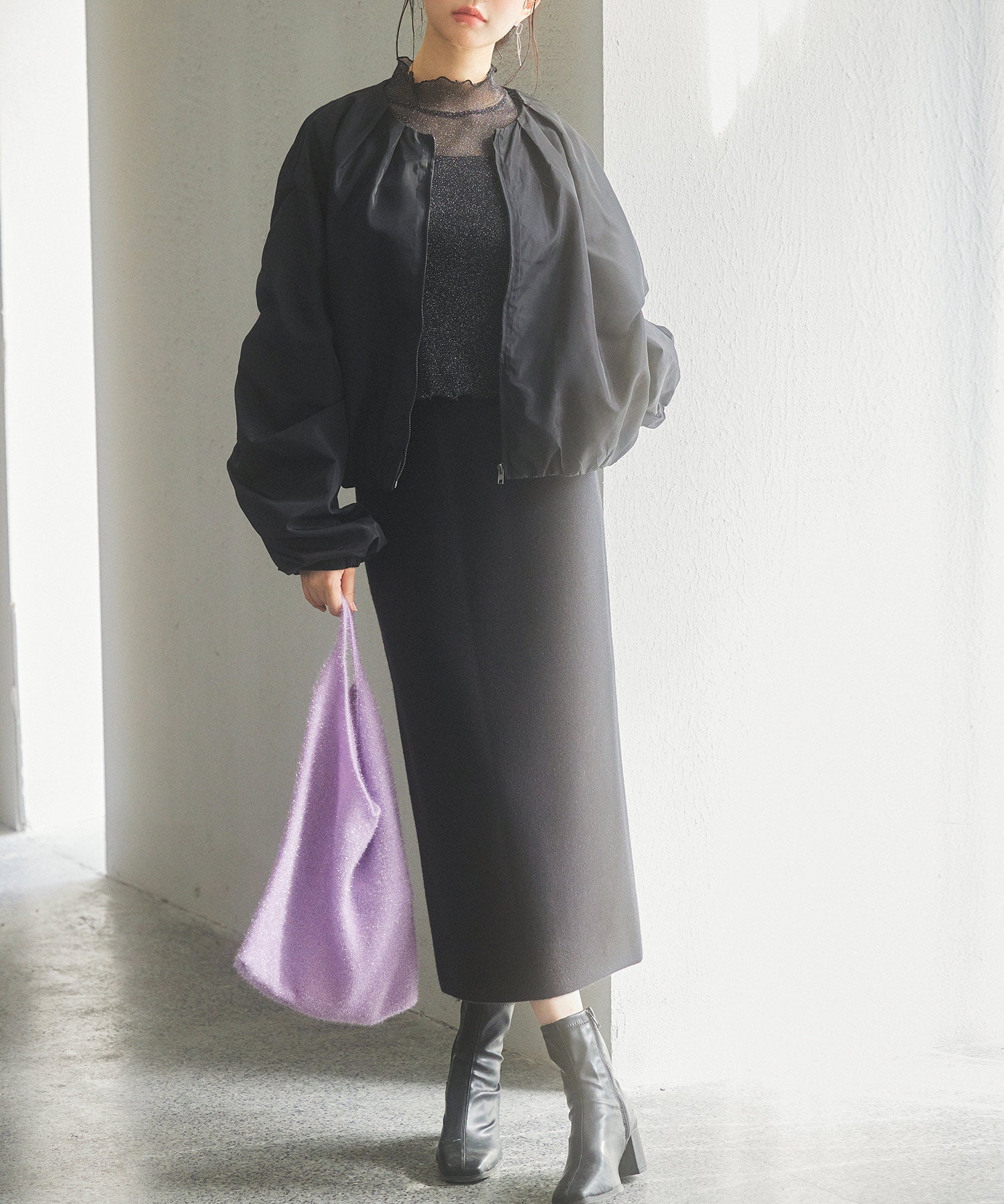 ノーカラー袖ギャザーブルゾンsdprb7010 ブラック