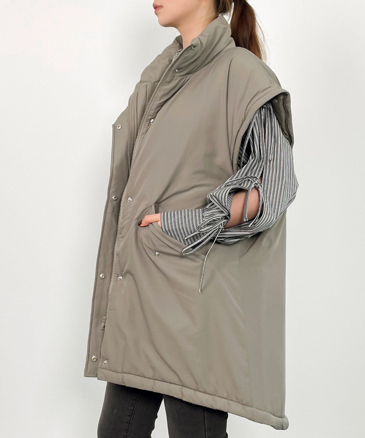 2way袖取り外しスタンドカラーコート/ベストsdprb8148 カーキ