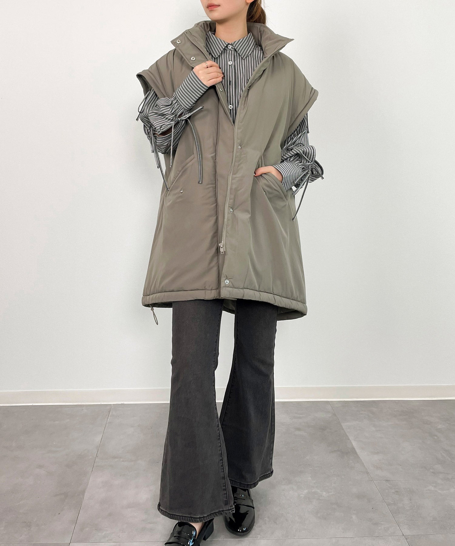 2way袖取り外しスタンドカラーコート/ベストsdprb8148 カーキ