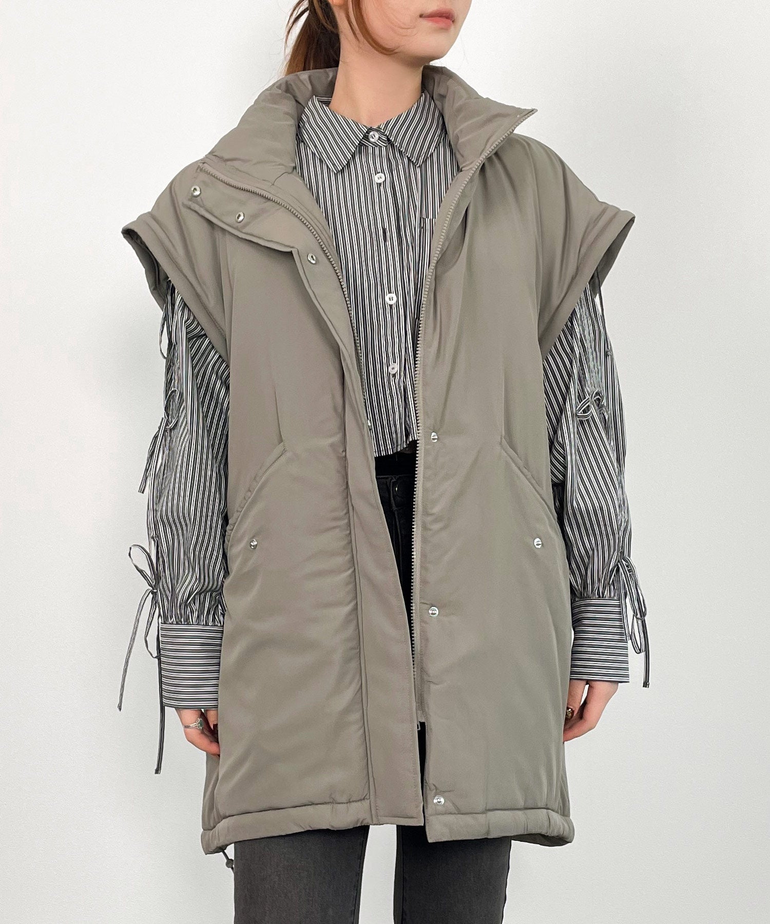 2way袖取り外しスタンドカラーコート/ベストsdprb8148 カーキ