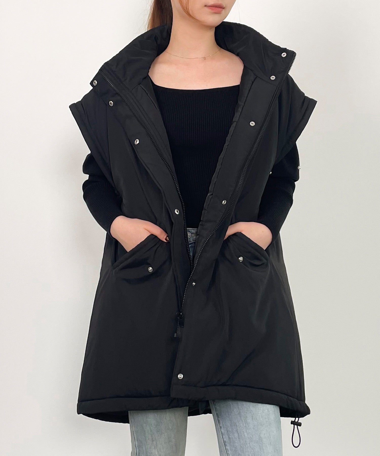 2way袖取り外しスタンドカラーコート/ベストsdprb8148 ブラック