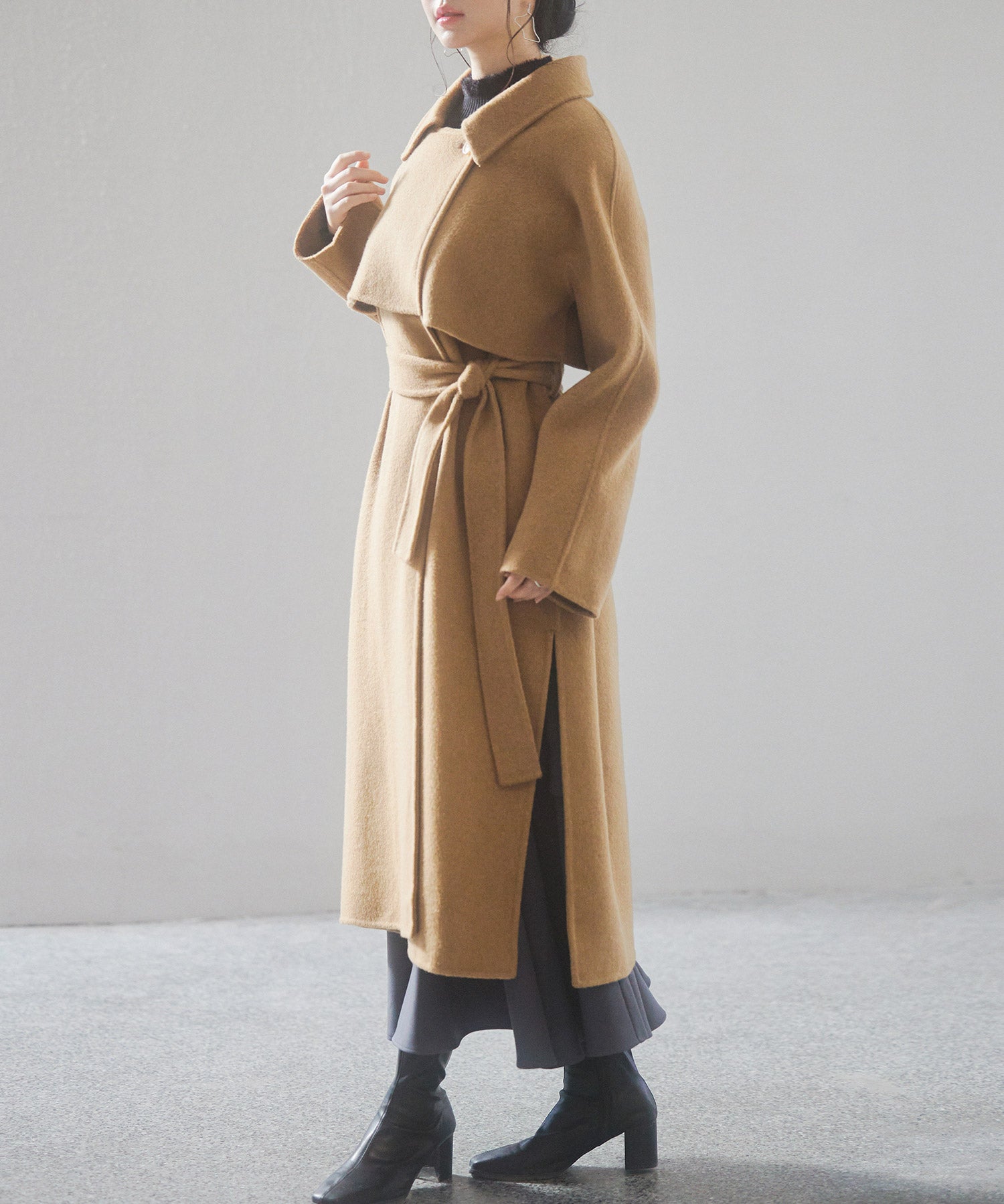 ウール混ベルト付きヨークデザインコートsdpsy001 ブラウン